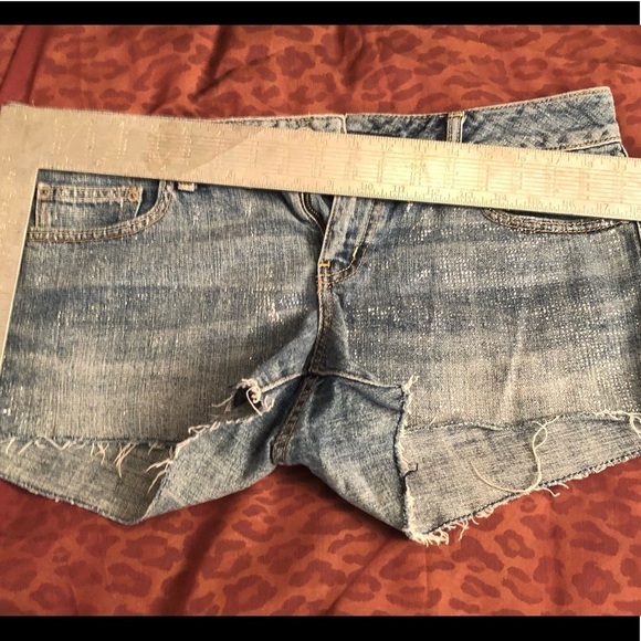 𝅺American Eagle Outfitters size 12 blue denim glittery stretch frayed hem - Picture 5 of 8